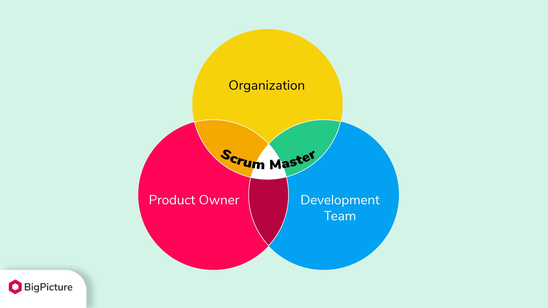 A Venn's diagram showing that the scrum master is situated at the intersection of organization, product owner, and development team.
