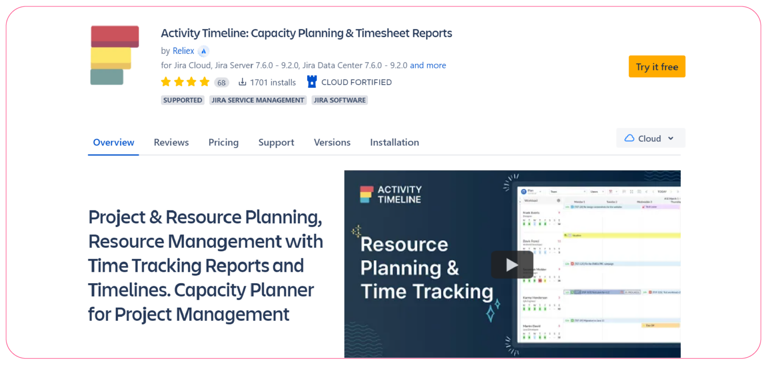 A langing page for Activity Timeline software on Atlassian Marketplace. 